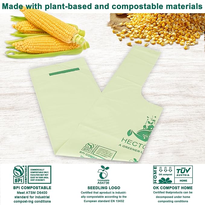 HECTOLIFE 2.6 Gallon 100 Count,Compostable Bags Handle Tie,Tear Resistant Kitchen Food Scrap Waste Bag, ASTM D6400, US BPI and Europe OK Compost Home Certified