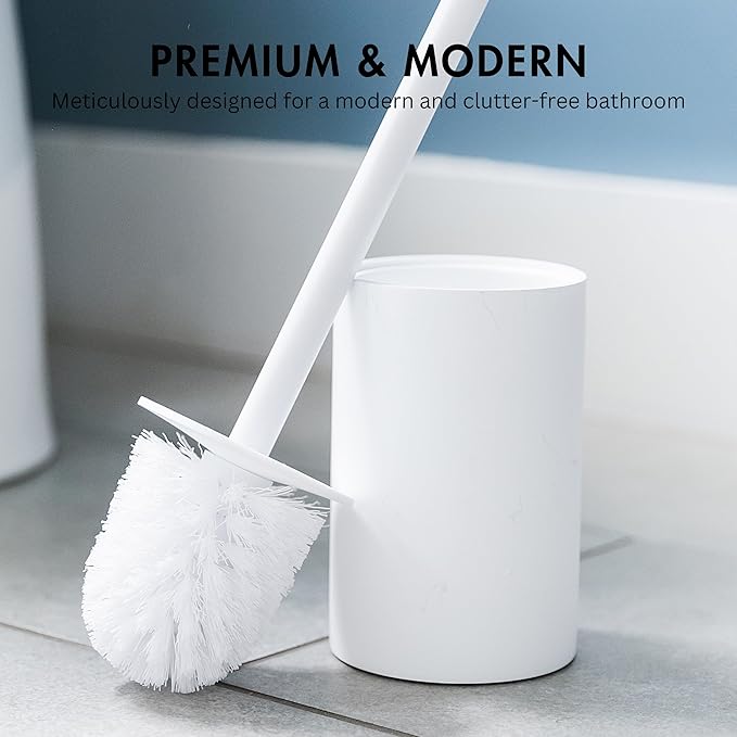 Yew Design Matte White Toilet Bowl Brush for Bathroom with Holder - Bathroom Cleaner Scrubber with Sleek Design, Sturdy, and Durable Bristles