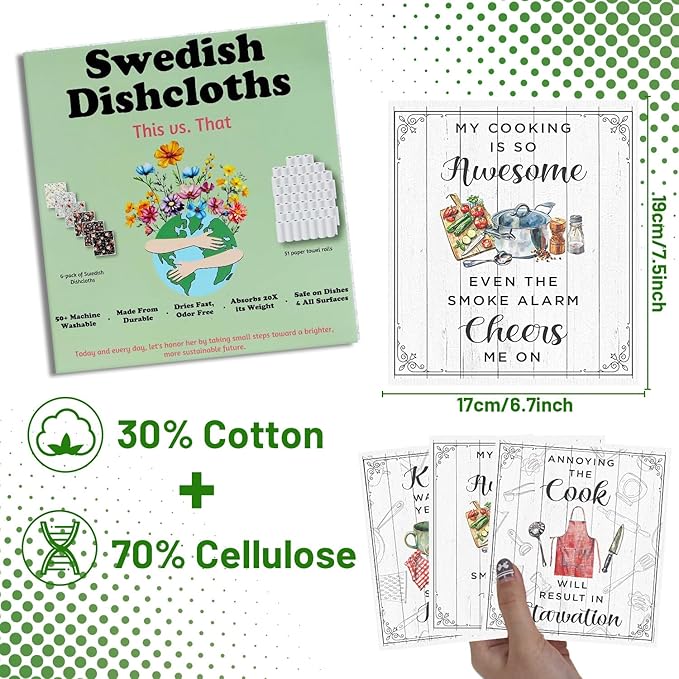 Funny Swedish Dishcloths for Kitchen - 6PCS Funny Kitchen Wash Cloths for Dishes Reusable, Cooking Themed Washable Sponge Towels Gifts for Home Party Cleaning Housewarming