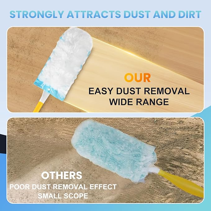 Duster Refills Compatible with Swiffer Duster, 60 Count Heavy Duty Duster Refills with 1 Short Handle + 1 Extenda Handle, Multisurface 360° Dusters with 4X Microfibers, Unscented Dusters for Cleaning