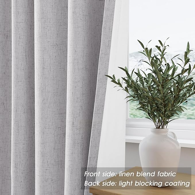 Nanspring Grey100% Blackout Curtains 63 inches Long Back Tab Rod Pocket Linen Curtain Thermal Insulated Textured Short Blackout Curtains 2 Panels Set 52x63
