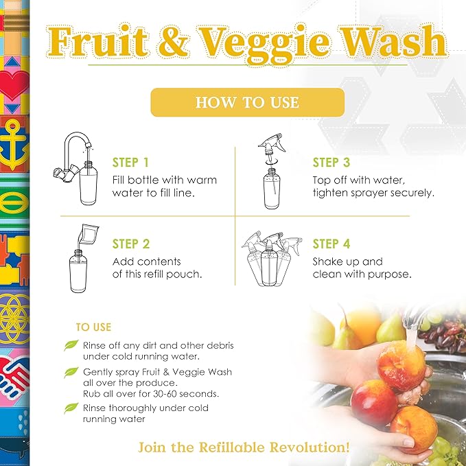Truly Free Natural Fruit and Veggie Wash Kit - Produce Cleaner Spray (16oz Reusable Empty Bottle + Two Pouches, 3oz ea.) - DIY Vegetable Washer & Fruit Cleanser