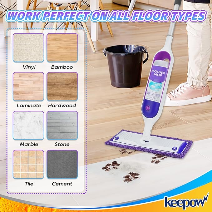 KEEPOW Reusable Mop Pads Compatible with Swiffer Power Mop Microfiber Mop Refills Replacement Wood Floor Pads Washable for All Floor Surfaces Cleaning, 4 Pack