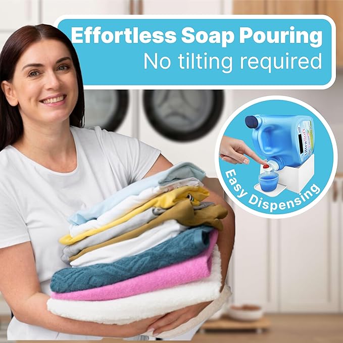 TidyFriend No-Spill Liquid Laundry Detergent Dispenser Holder, Laundry Soap Dispenser Holder with Drip Tray for Laundry Room Organization, Angled Downward Slope for Easy Pouring (No Strap, Ivory)