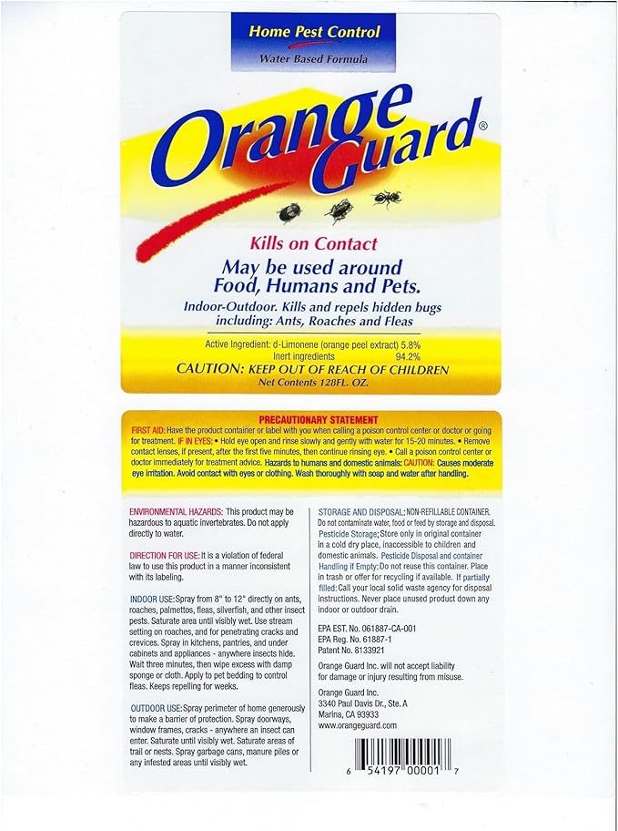 Orange Guard Home Pest Control with D-Limonene | All-Natural Food Grade Orange Peel Oil for Bugs, Ants, Roaches, Fleas, Palmettos and Silverfish - 1 Gallon
