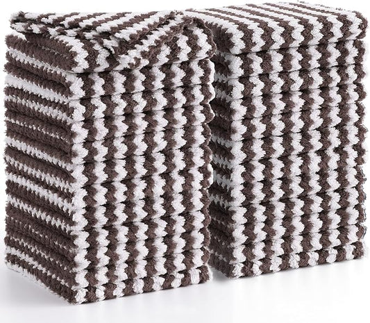 Homaxy 24 Pack Kitchen Dish Cloths, Ultra Soft and Absorbent Dish Towels, Reusable Fast Drying Microfiber Cleaning Cloth, Coral Velvet Wave Design No-lint, 10 x 10 inches, Brown