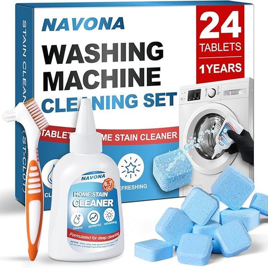 Navona 24 Pack Washing Machine Cleaner Tablets, Washer Cleaner Tablets Pro Set with Stain Remover Gel, Deep Cleaning for Odor, Limescale & Pet Hair, Works for Front Load & Top Load Washers