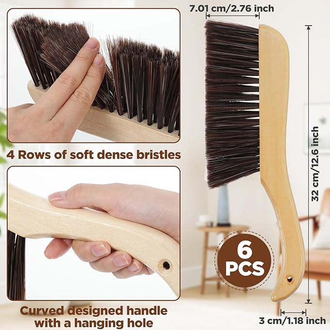 Afcabakila 6 Pieces Wooden Hand Broom, Soft Bristle Dust Brush with Long Wood Handle, Cleaning Brush for Furniture, Car, Sofa, Bed, Fireplace, Bench, Counter, Clothes, Household Cleaning, Brown