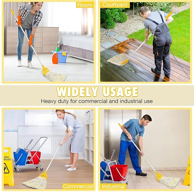 Commercial Industrial Mop Heavy Duty with 3 Replacement Head,Looped-End String Wet Mops with Long Handle for Floor Cleaning, Cotton Mop for Home Garage Office Workshop Warehouse Concrete Floor