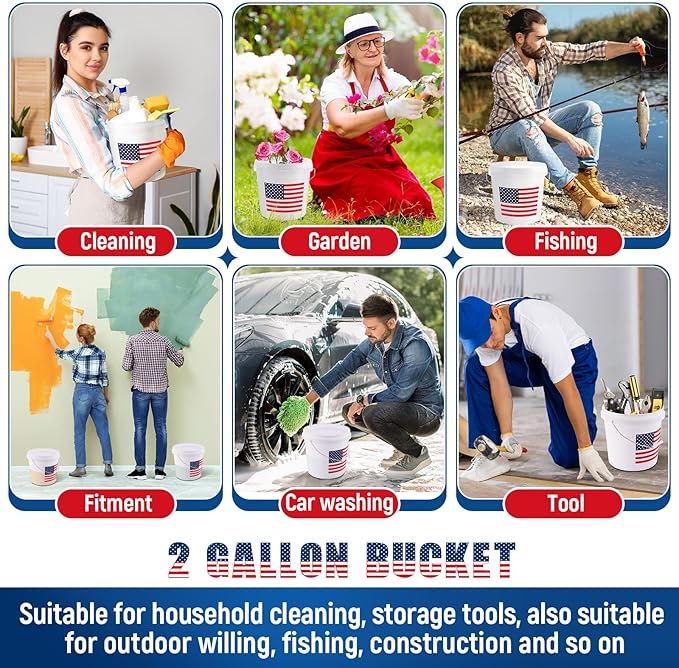 6 Pcs 2 Gallon Plastic Bucket with Lid and Handle, Large White Heavy Duty Bucket with American Flag for Home Gardening Tools Household Cleaning Baseballs Storage Container