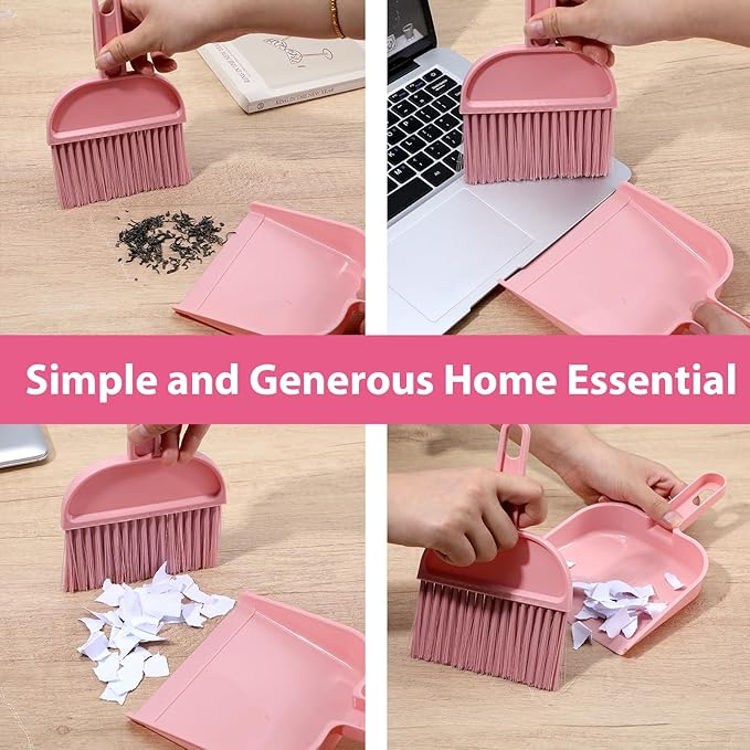 Pink Small Broom and Dustpan Set, Mini Dustpan and Brush Set, Small Hand Broom and Dust Pan Sets for Home Sofas Kitchen Countertops Storage Shelves Office Desks Bathrooms and Pet Areas