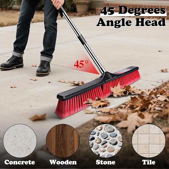 MASTERTOP 24" Push Broom Outdoor, Heavy Duty Garden Brush Broom with 58" Long Handle and Stiff Bristles,Commercial Outdoor Broom for Deck Driveway Garage Yard Patio Warehouse Concrete Floor Cleaning
