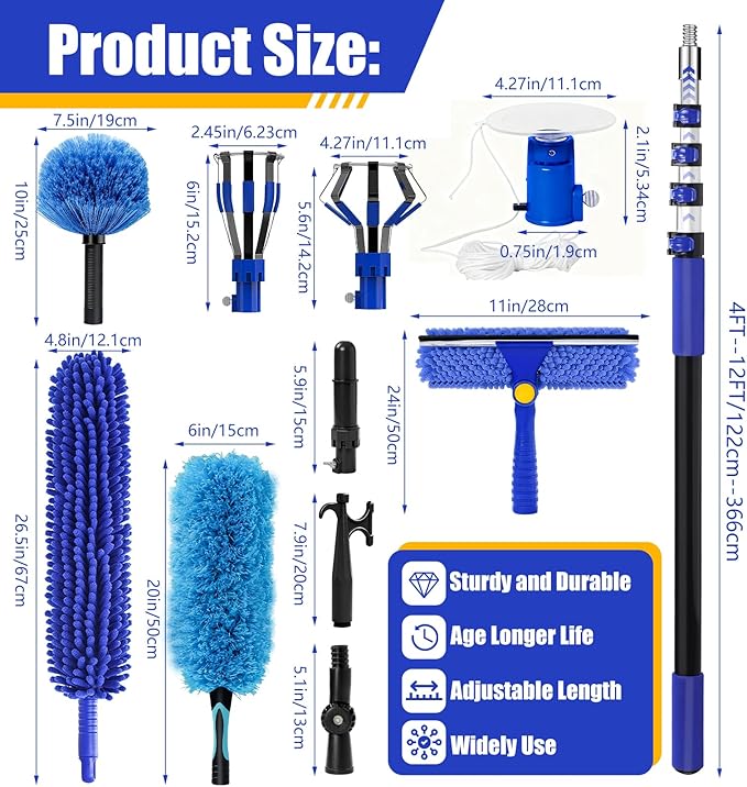 20FT Light Bulb Changer for High Ceilings with 5-12FT Heavy Duty Extension Pole,High Ceiling Ceiling Fan Cleaner Duster Kit for Home & House High Window, Interior Roof Window Cleaning Blue