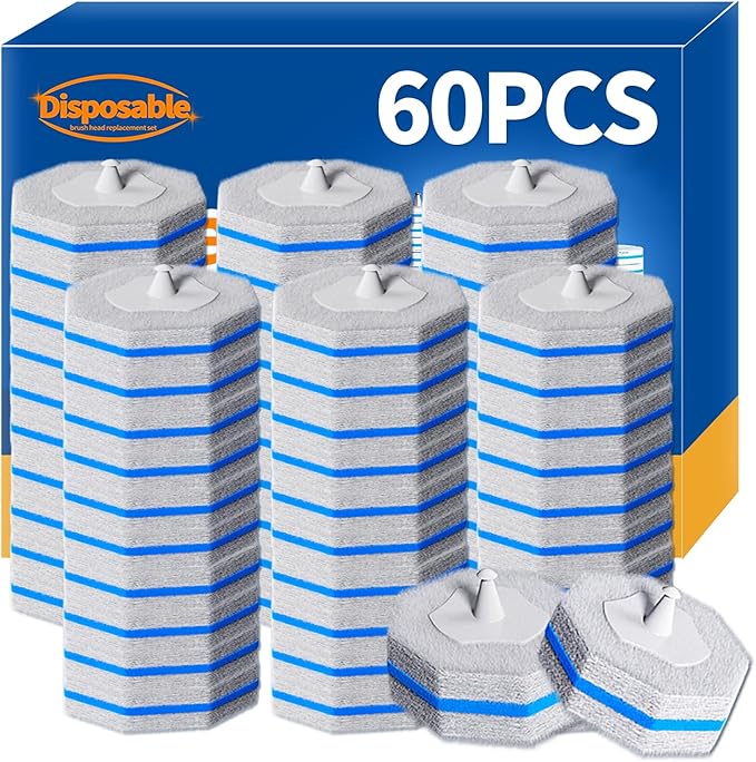 60pcs Disposable Toilet Brush Refill Pads, Replacement Brush Heads, Toilet Cleaner Refills，Disposable Wand Heads，Bathroom Cleaning，Toilet Cleaning Scrubbers Compatible with Most Toilet Brushes