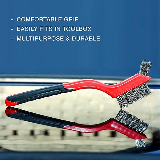 Lavaxon Wire Brush Set 3Pcs - Nylon/Brass/Stainless Steel Bristles with Curved Handle Grip for Rust, Dirt & Paint Scrubbing with Deep Cleaning – 7 Inches (Red)