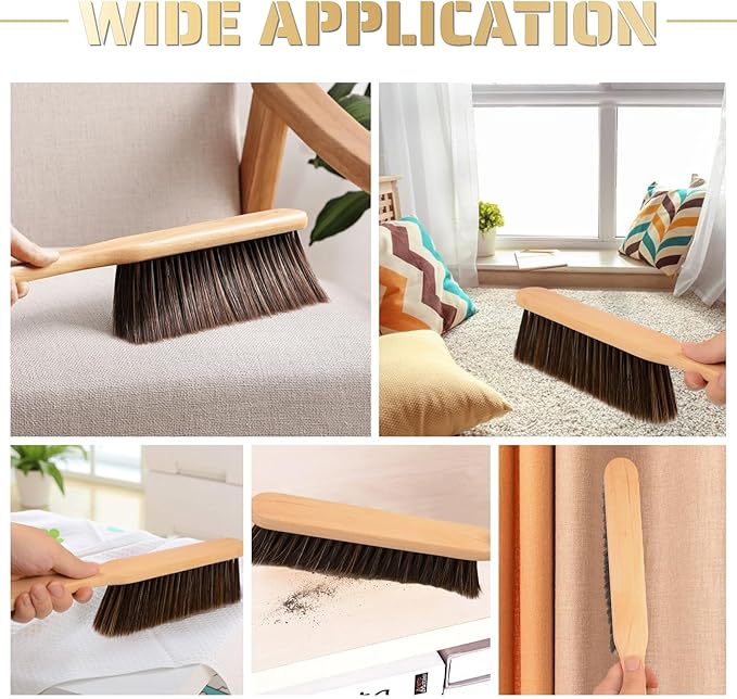Woooden Hand Whisk Broom Small Hand Broom Dust Brush with Wood Handle Bench Brush Soft Bristle Broom for Couch Car Fireplace Bed Household Cleaning(Brown)