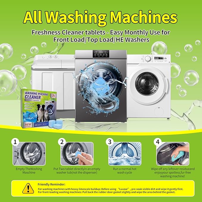 Luvoar Washing Machine Cleaner Tablets - Deep Cleans & Descaler for Front Load and Top Load Washers, HE Compatible, 24 Pack Formulated for Pet Owners