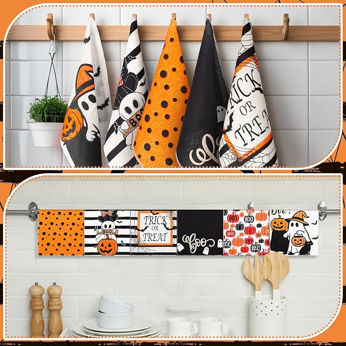 36 Pcs Halloween Reusable Paper Towels Rolls Washable Bulk Halloween Boo Pumpkin Kitchen Towels Paperless Reusable Cloth Cotton Napkins with Cardboard for Kitchen Bathroom