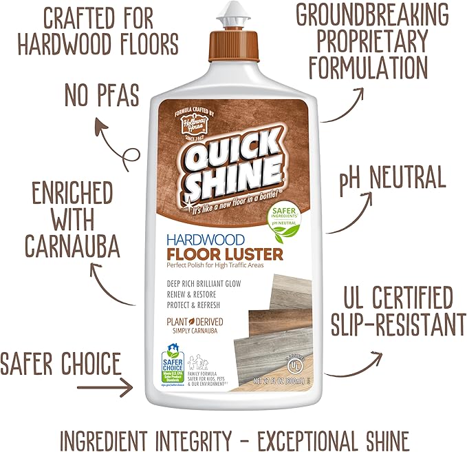 Quick Shine Hardwood Floor Luster-Polish 27oz-2pk | Plant-Derived w/Carnauba | Safer Choice, No PFAS, pH Neutral | Ready to Use Formula w/Anti-Slip Technology | Simply Squirt & Spread | Made in USA