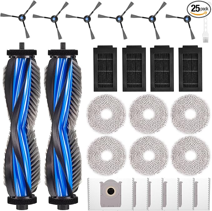 EOVWAEO 25 Pack Accessories for ECOVACS DEEBOT T50 PRO Omni / T50 PRO Omni Gen2 /T50 Omni Robot Vacuum, Replacement 2 Anti Tangle Main Brush 6 Mop Pads 6 Dust Bag 6 Sidebrush 4 Filter 1 Cleaning Brush