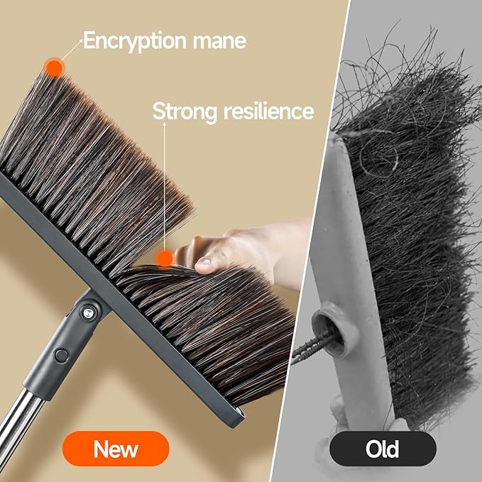 CTIME Broom and Dustpan Set, Extra Brush Head & 51.6" Adjustable Long Handle Standing Dustpan Set, with Dust Pan Teeth to Clean Pet Hair, Easy Sweeping Suitable for Home Kitchen Office Lobby