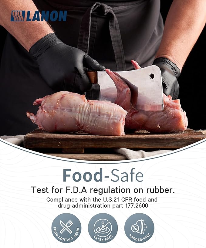 LANON Protection Food Safe Disposable Nitrile Gloves, Latex-Free, Powder-Free, Silicone-Free, Textured Fingertips, Cooking, Black，Medium