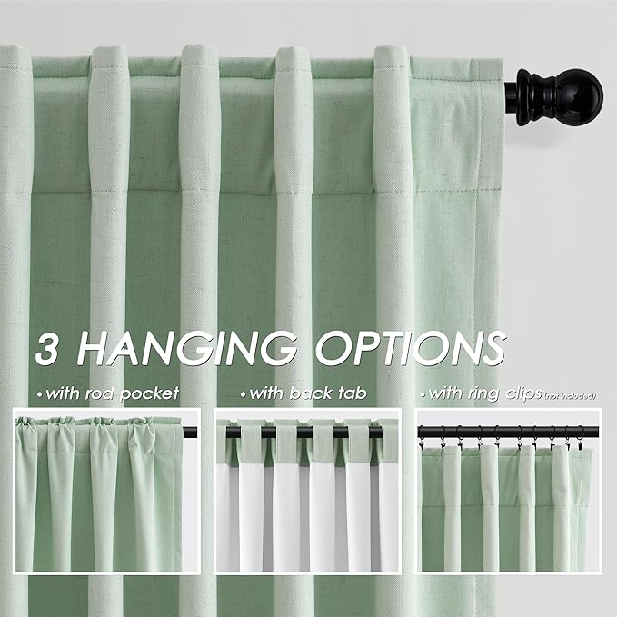 Black Out Aqua Green Window Curtains 108 Inches Long Loop Pocket Rod Pocket Cooling Noise Reducing Thermal Insulated 100% Blackout 2 Panels Set for Bedroom Neutral Rustic Curtains Drapes 52x108