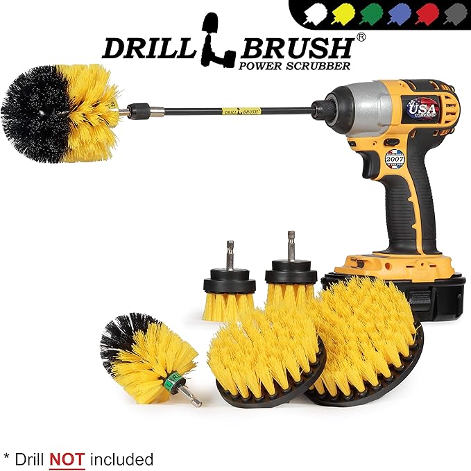 Drillbrush Ultimate Yellow Cleaning Tools - Drill Brush Attachment for Bathroom, Shower, Tub, Tile, Grout, Toilet, and Sink - Bathroom Scrubber Cordless Drill Attachment - Shower Detailing Brush Set