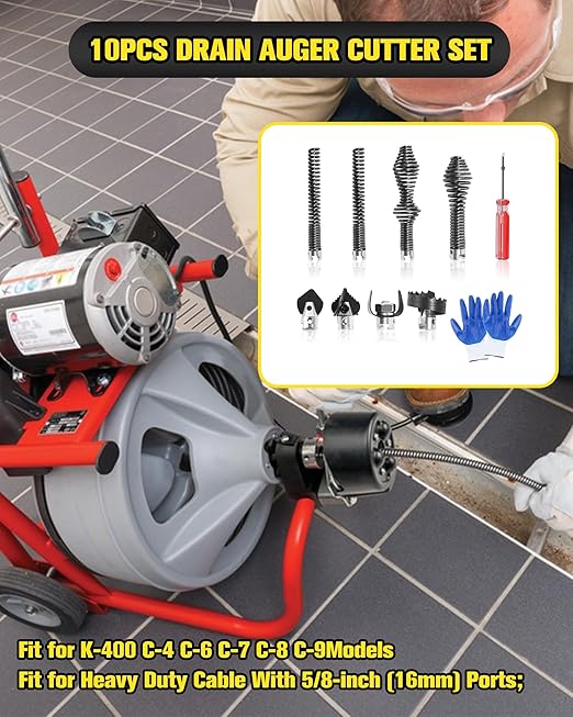 Aochuang Drain Auger Drill Attachment Set (10 Pieces), Root Cutter Head for Sewer Cleaning, Drain Snake Cable Tools for Ridgid K-400 Drum Machine