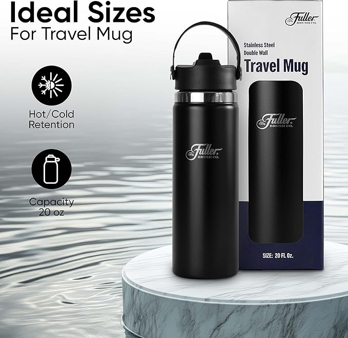 Fuller Stainless Steel Water Bottle with Straw Lid – BPA-Free, Sweat-Proof, Leak-Proof Travel Mug – Double Wall Insulated for Hot & Cold Drinks – Carry Handle (Black, 20 Oz.)