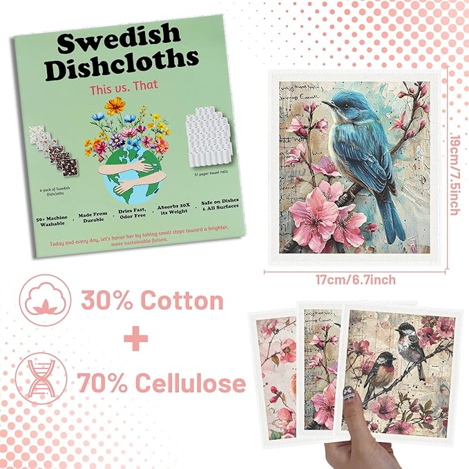 Vintage Bird Swedish Dishcloths for Kitchen, 6PCS Bird Swedish Cloths for Washing Dishes Reusable Floral Dish Towels Washable Cleaning Sponge for Home Party Cleaning Housewarming Quick Drying