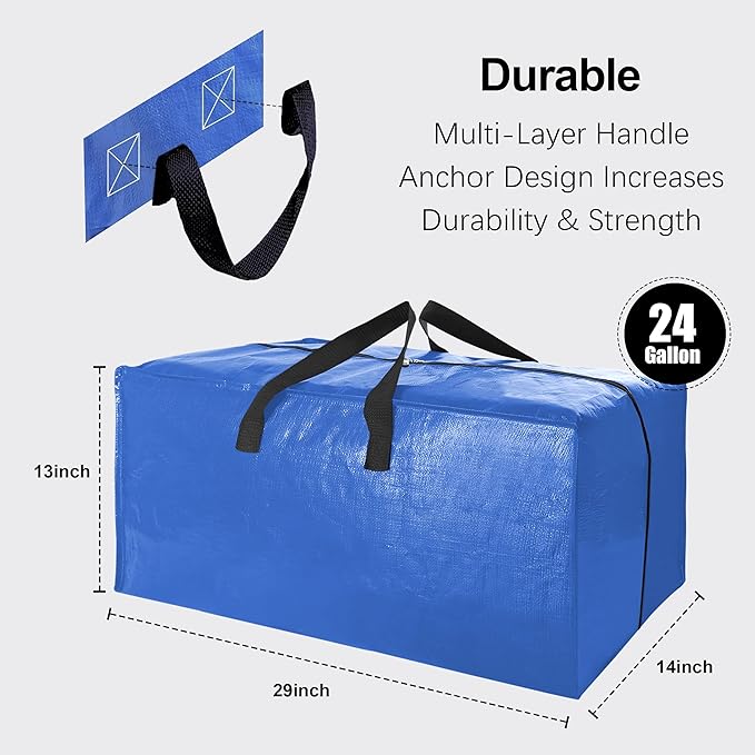 12 Pack Heavy Duty Extra Large Moving Bags W/Backpack Straps - Strong Handles & Zippers, Storage Totes For Space Saving, Fold Flat, Alternative to Moving Box and Storage Bin, Multicolor