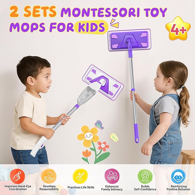 ILAVCLEAN 2 Set Toy Mop for Kids - Toddler Real Spray Flat Floor Mop Montessori Cleaning Toy Set, Educational and Fun Gifts for Boys and Girls Ages 4+