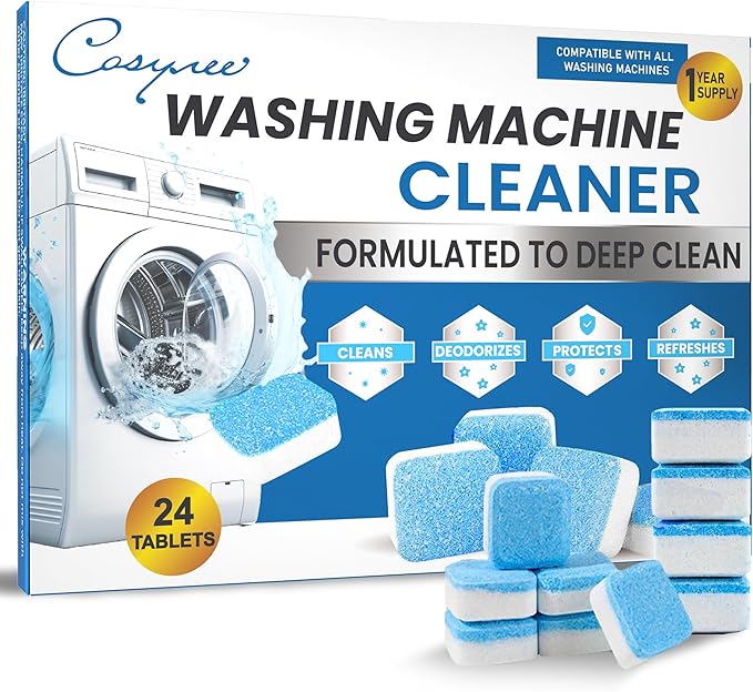 24 Washer Cleaner Tablets – Deep Cleans & Deodorizes All Washers, Removes Grime & Odor, Powerful Descaling Formula, Eco-Friendly, 1-Year Supply, Septic Safe