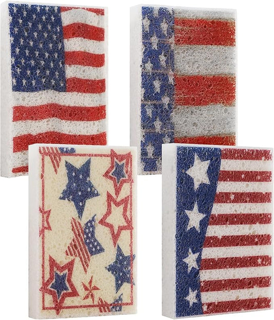 4Pcs USA Flag Heavy Duty Kitchen Dish Sponges | Large Odor Free Non-Scratch Scrub Pad | Household Cleaning Scrubber for Sink, Counters, Surfaces, Pots, Pans, Dishwashing (6" x 4" x 1"), Style 1