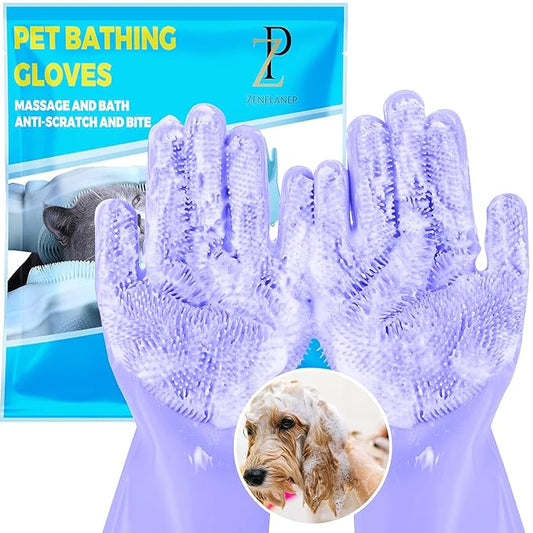 ZENELANEP Pet Grooming Gloves with High-Density Teeth, Silicone Five Finger Design for Washing, Massaging Dogs and Cats (Purple)