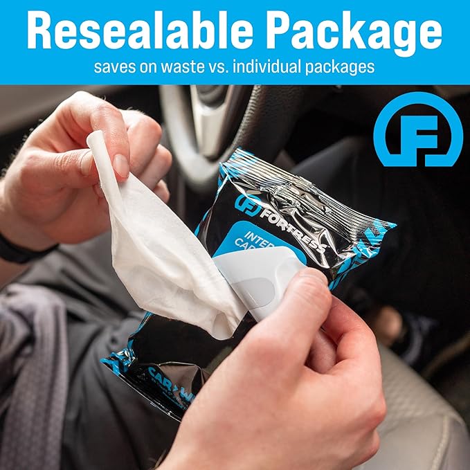 Fortress Car Interior Wipes (25 ct, Pack of 5) for Car Interior Cleaning, Dashboard, Seats, Detailing, and Steering Wheel [Travel Size] Skin-Safe Car Interior Cleaner Supplies