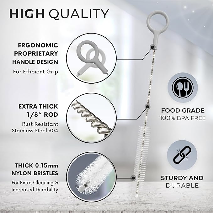 Buenalife Heavy Duty Cleaning Brushes Set of 8 - Extra Long Straw Cleaners for Metal and Plastic Reusable Drinking Straws, to Clean Small Spaces, Sippy Cups, Water Bottles - Sturdy Hard Brush Bristles