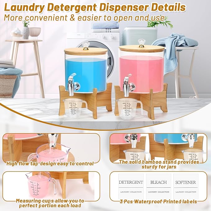 2Pcs Laundry Detergent Dispenser, Laundry Soap Dispenser with Stand, Faucets Acrylic Laundry Detergent Container for Laundry Room Liquid Detergent, Bleach, Fabric Softener Organization and Storage
