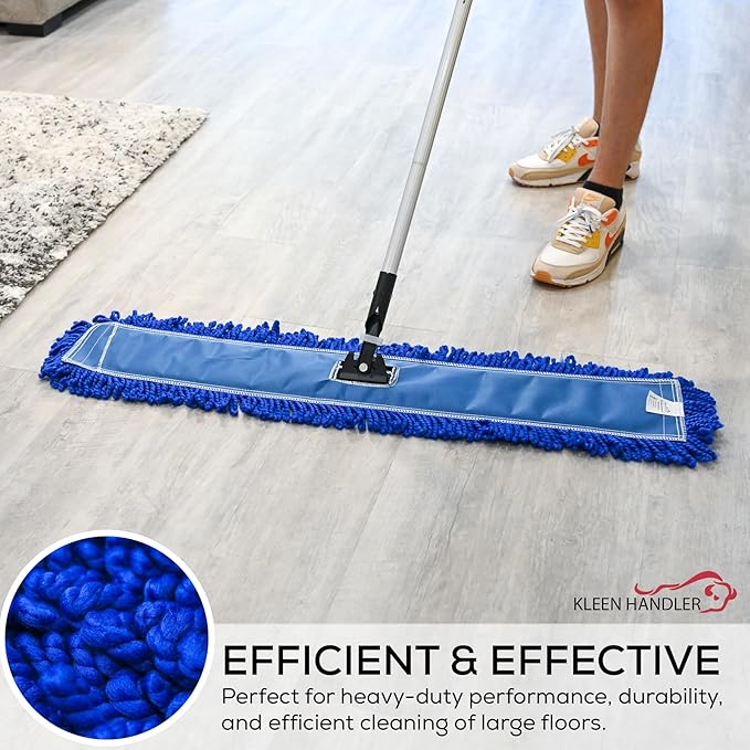 KLEEN HANDLER 3 Pack of 36 Inch Microfiber Dust Mop, Large Washable Commercial Mop Head Replacement, Sweeper, Janitorial Supplies, Blue