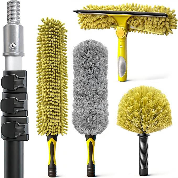 ARTIPOLY 20 Foot Telescoping Extension Pole Kit, 5-in-1 High Reach Duster with Chenille Window Squeegee Microfiber Feather Cobweb Duster for Ceiling Wall Hard-to-Reach Indoor & Outdoor Cleaning Yellow