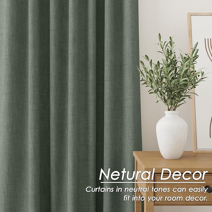 Olive Green Linen Blackout Curtains 120 Inch Length 2 Panels Set Extra Long 10 Ft Back Tab Pocket Drapes Thermal Insulated Total Blocking Curtains for Dining Room Cottage High Window Curtain 52x120