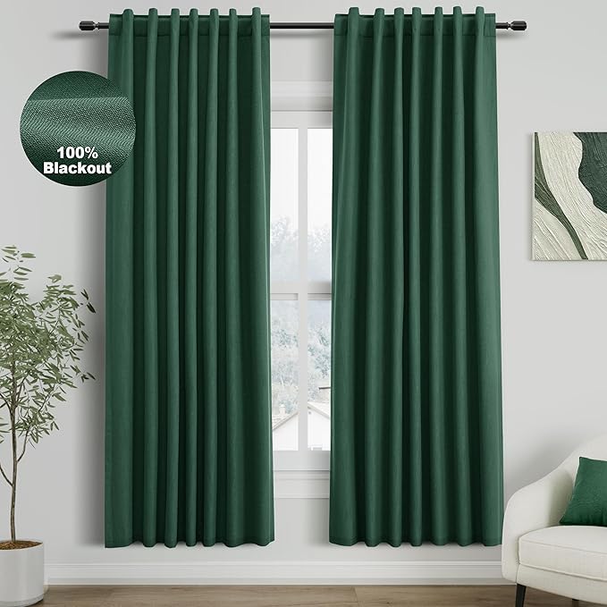 Nanspring Green Linen Blackout Curtains 72 inch Length for Living Room Boho Farmhouse Back Tab Rod Pocket Thermal Insulated Textured Living Room Blackout Curtains 2 Panels Set 52x72 Inch