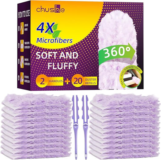 CHUSHE Duster Refills 20-Pack with 2 Handles ， Fits All Swiffer Handles ，4X Efficient for 360° Cleaning on Blinds, Ceiling Fans & Furniture