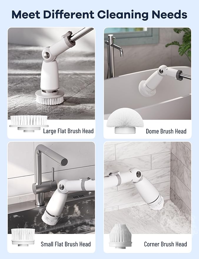 Electric Spin Scrubber,Floor Power Scrubber with Long Handle Dual Speeds,Cleaning Brush Cordless,Shower Scrubber Scrub Brush with 3 Adjustable Angles,8 Brush Heads for Bathroom Tile