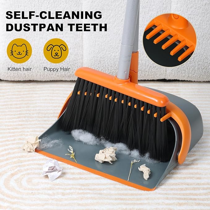 Dirty Fox Broom and Dustpan Set with 54 Inch Long Handle - Perfect Dust Pan and Brush Combo for Home Efficient Cleaning (Orange and Grey)