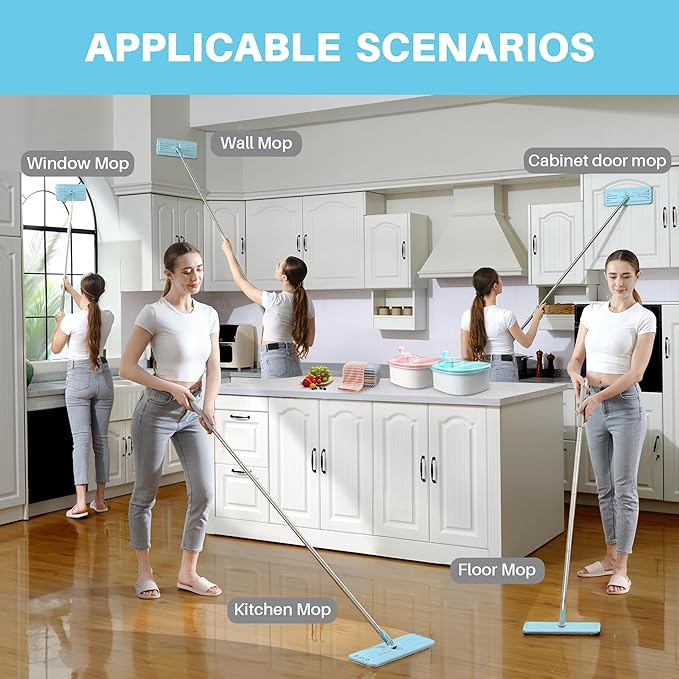 JOYMOOP Flat Mop, Microfiber Mops for Floor Cleaning and Wall Cleaner, 50" Mops with 13" Flat Head with a Microfiber Mop Pad - Pale Aqua