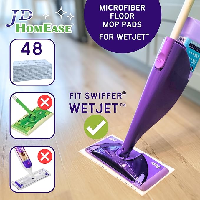 JD HOMEASE 48 Pack Premium Microfiber Replacement Pads for Swiffer WetJet - Super Absorbent, Lint-Free, Durable-11"x5.5", Perfect Fit Swiffer WetJet Mop - Safe on Hardwood, Tile, Vinyl