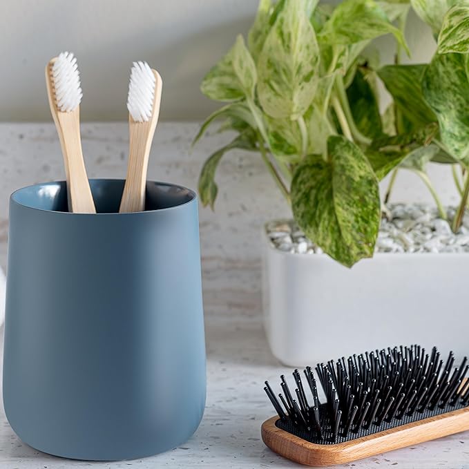 Yew Design Matte Blue Toothbrush and Toothpaste Holder and Cup for Bathroom Vanity and Countertop, Round Organizer for Electric Toothbrushes, Floss, Razors, Cotton, and Mouthwash