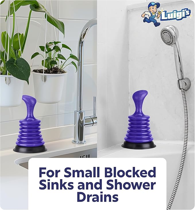 Luigi's Sink Plunger Kitchen - Sink Plunger Bathroom - Drain Bathtub or Shower - Small and Powerful Clog Remover - Commercial Style Plumbers Plungers with Large Bellows - Blue - Mini